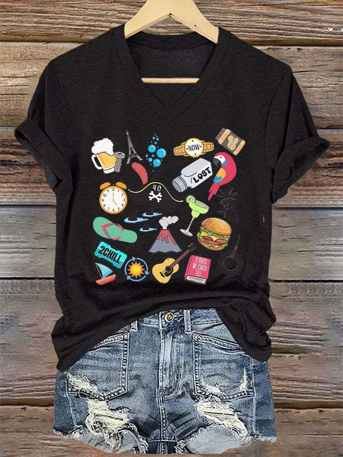 V-Neck Retro Funny Song Titles Print T-Shirt