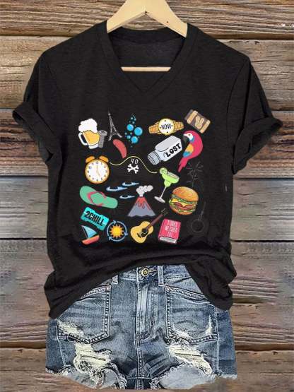 V-Neck Retro Funny Song Titles Print T-Shirt