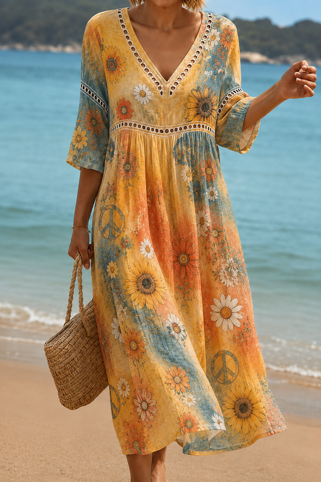 Women's Vacation Linen Boho Foral Print V-Neck Short Sleeve Maxi Dress