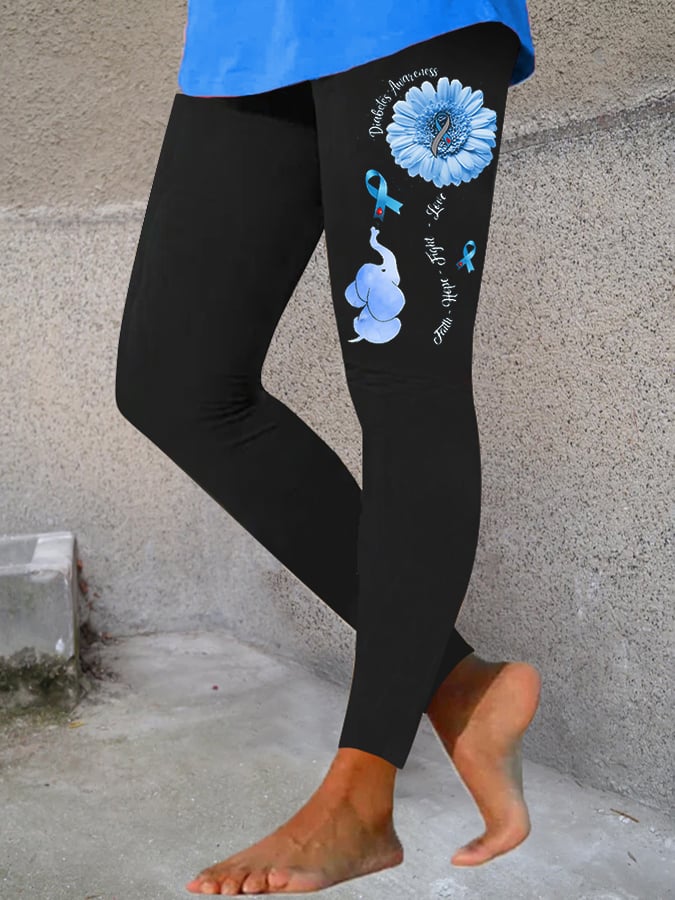 Women's Diabetes Awareness Faith Hope Cure Sunflower Diabetes Eleplant Print Leggings