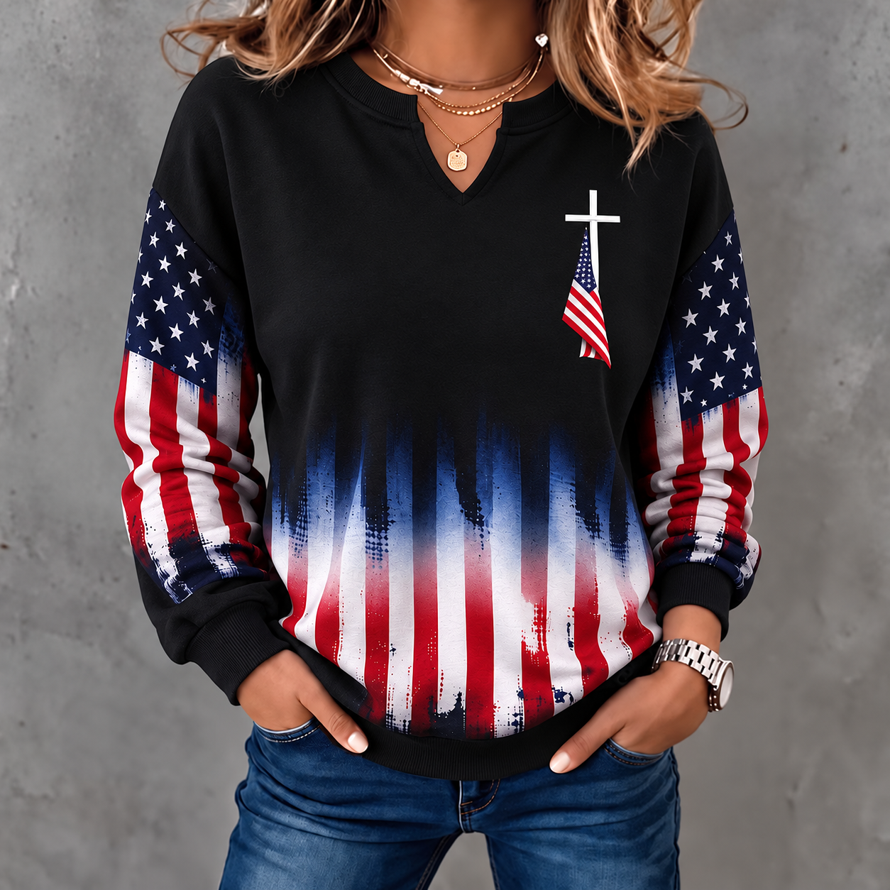 Women’s Retro Faith Casual Printed Small V-Neck Pullover Sweatshirt