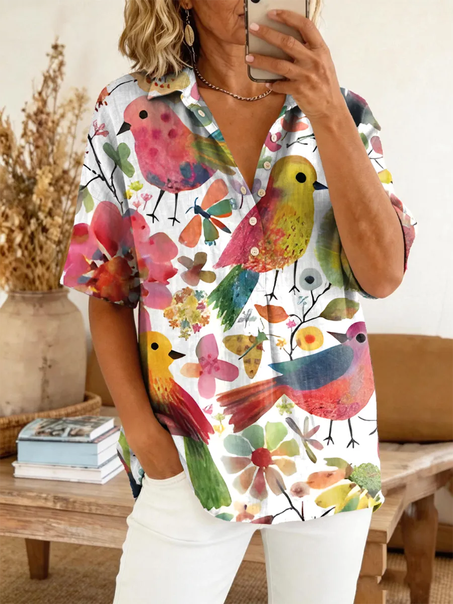 Women's Retro Bird And Floral Art Print Casual Short-sleeve Cotton Linen Shirt