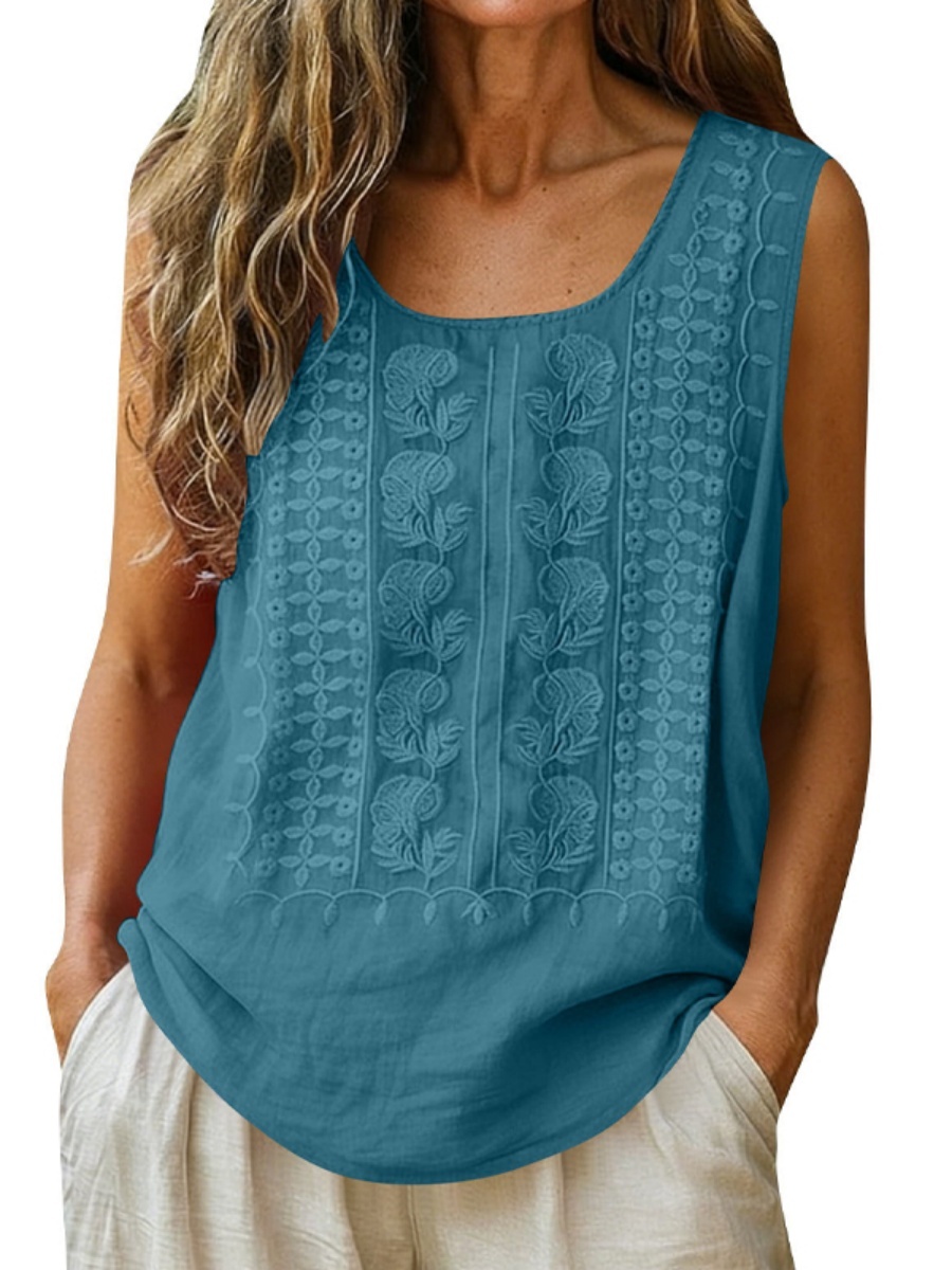 Women's Cotton and Linen Round Neck Embroidered Tank Tops