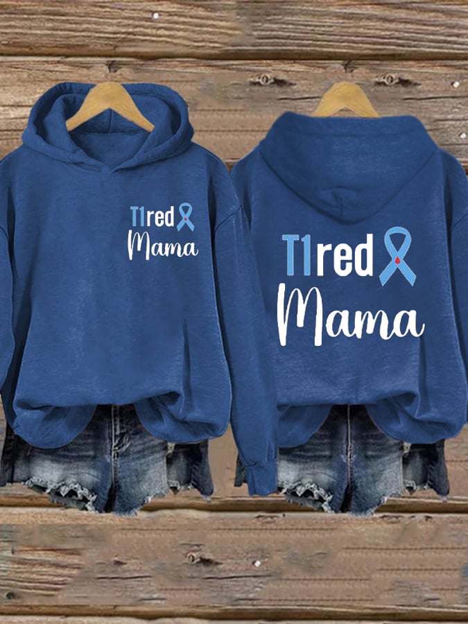 Women's T1red Mama Diabetes Awareness Blue Ribbon Print Casual Hoodie