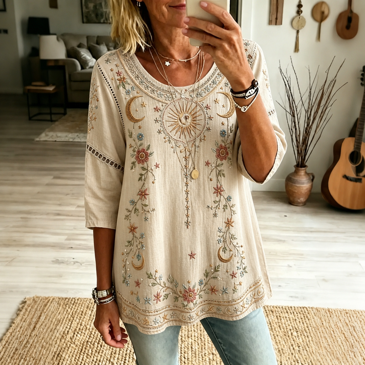 Retro Boho Forlal Patchwork Pattern Print Blouse