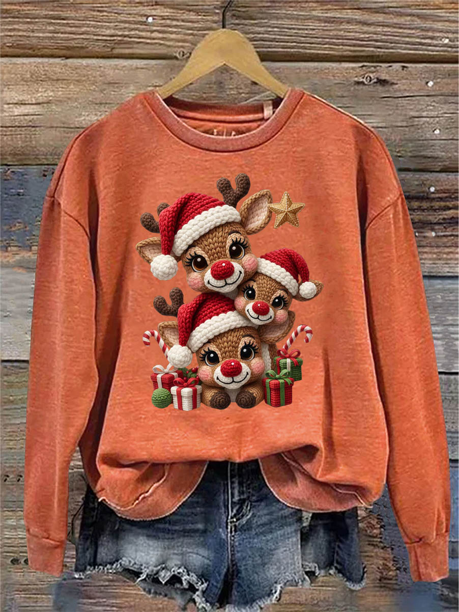 Women's Christmas Elks 3D Knitting Crochet Pattern Neck Sweatshirt