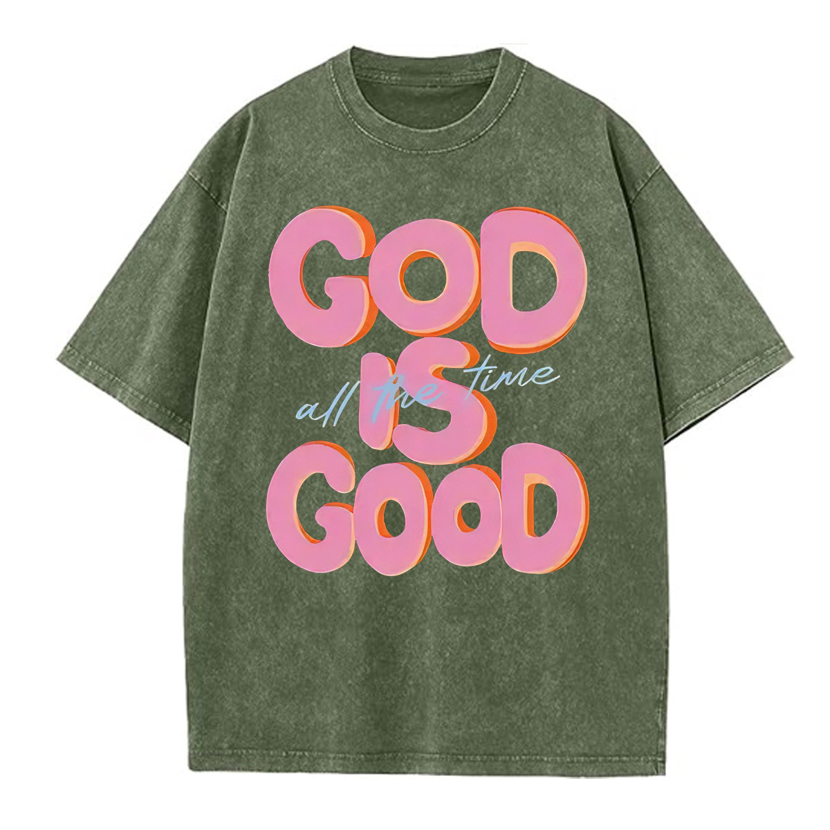 God Is Good All The Time Pattern  Washed Distressed Crew Neck T-Shirt