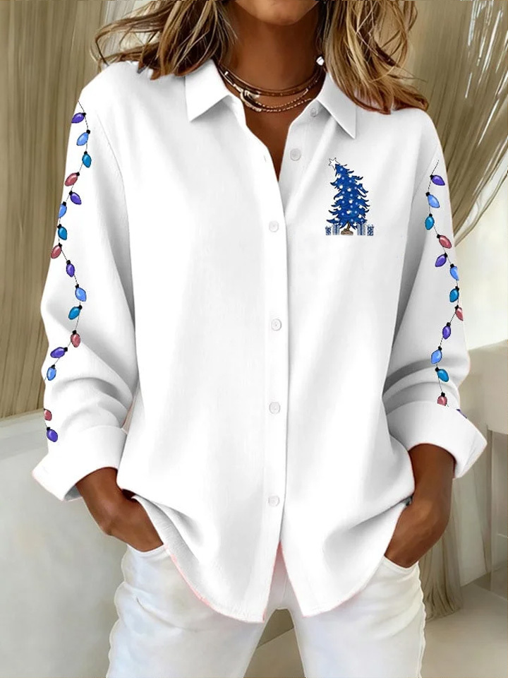 Women's Casual Christmas Print Lapel Long Sleeve Shirt