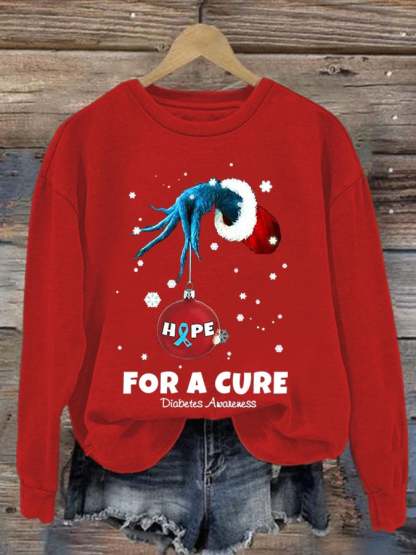 Women's Christmas Hope For A Cure Diabetes Awareness Print Long Sleeve Sweatshirt