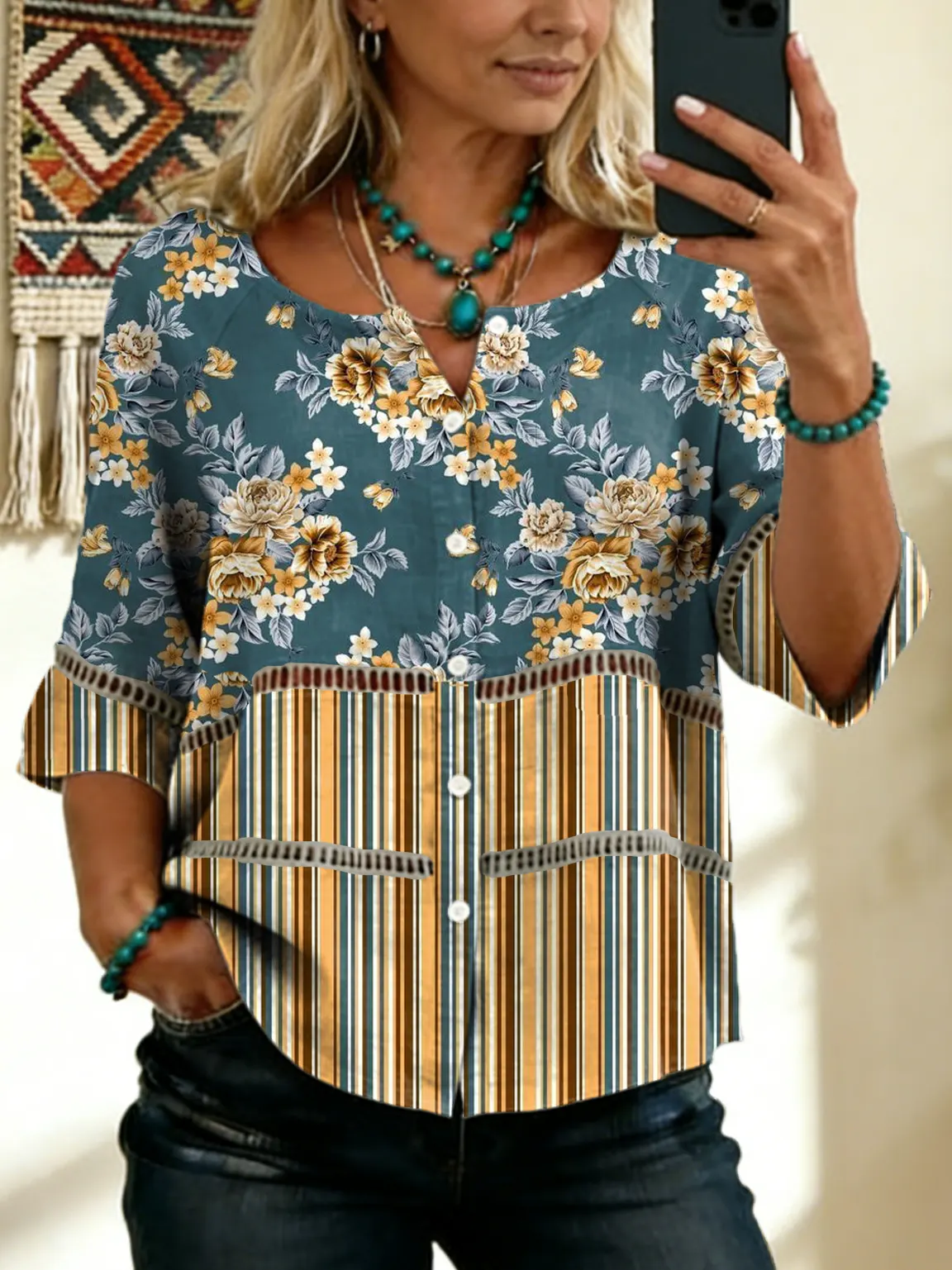 Women's Vintage Floral Art Print Tie-front Button-up Cotton-linen Blend Short-sleeve Shirt