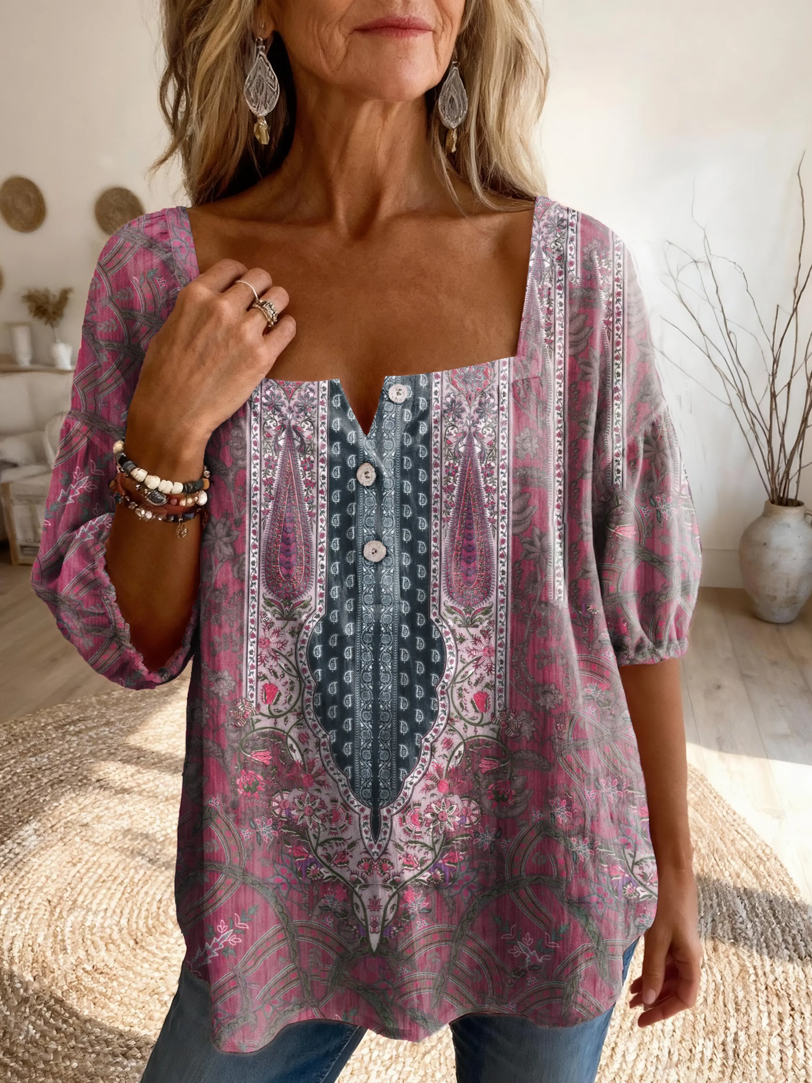 Women's Vintage Ethnic Floral Print Artistic Casual Square Neck Top
