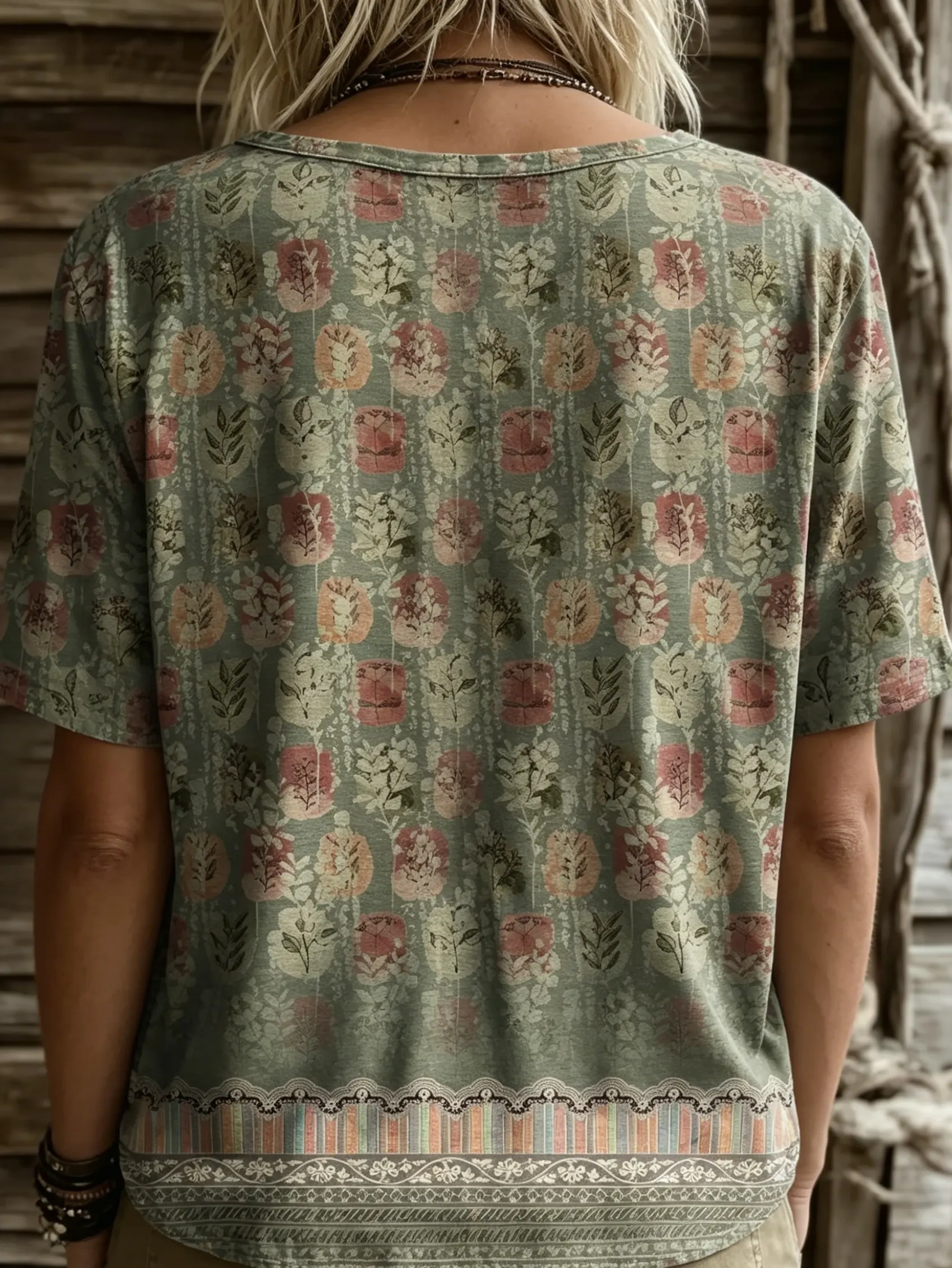 Women's Vintage Washed Plant Silhouette Print Crew Neck T-Shirt