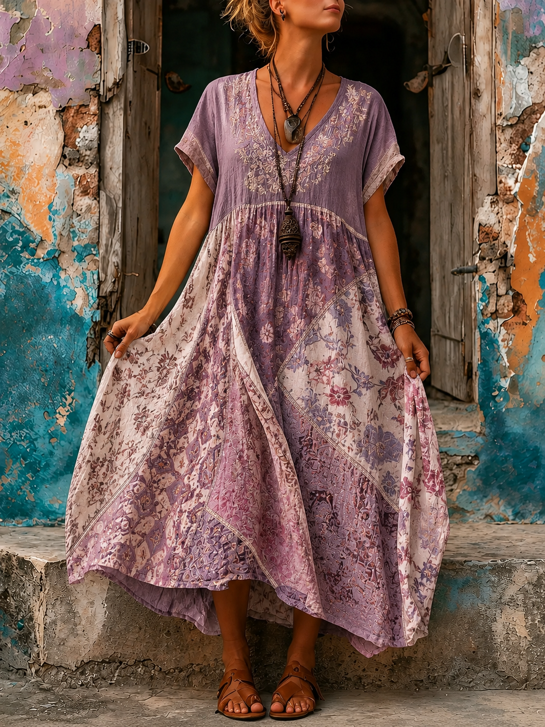 Women's Vacation Linen Floral Print V-Neck Short Sleeve Maxi Dress