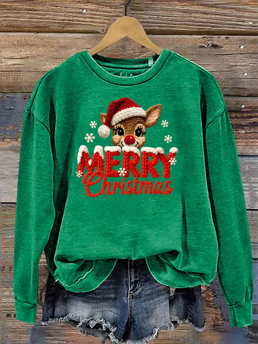 Women's Merry Christmas And Elk Knitting Crochet Pattern Neck Sweatshirt