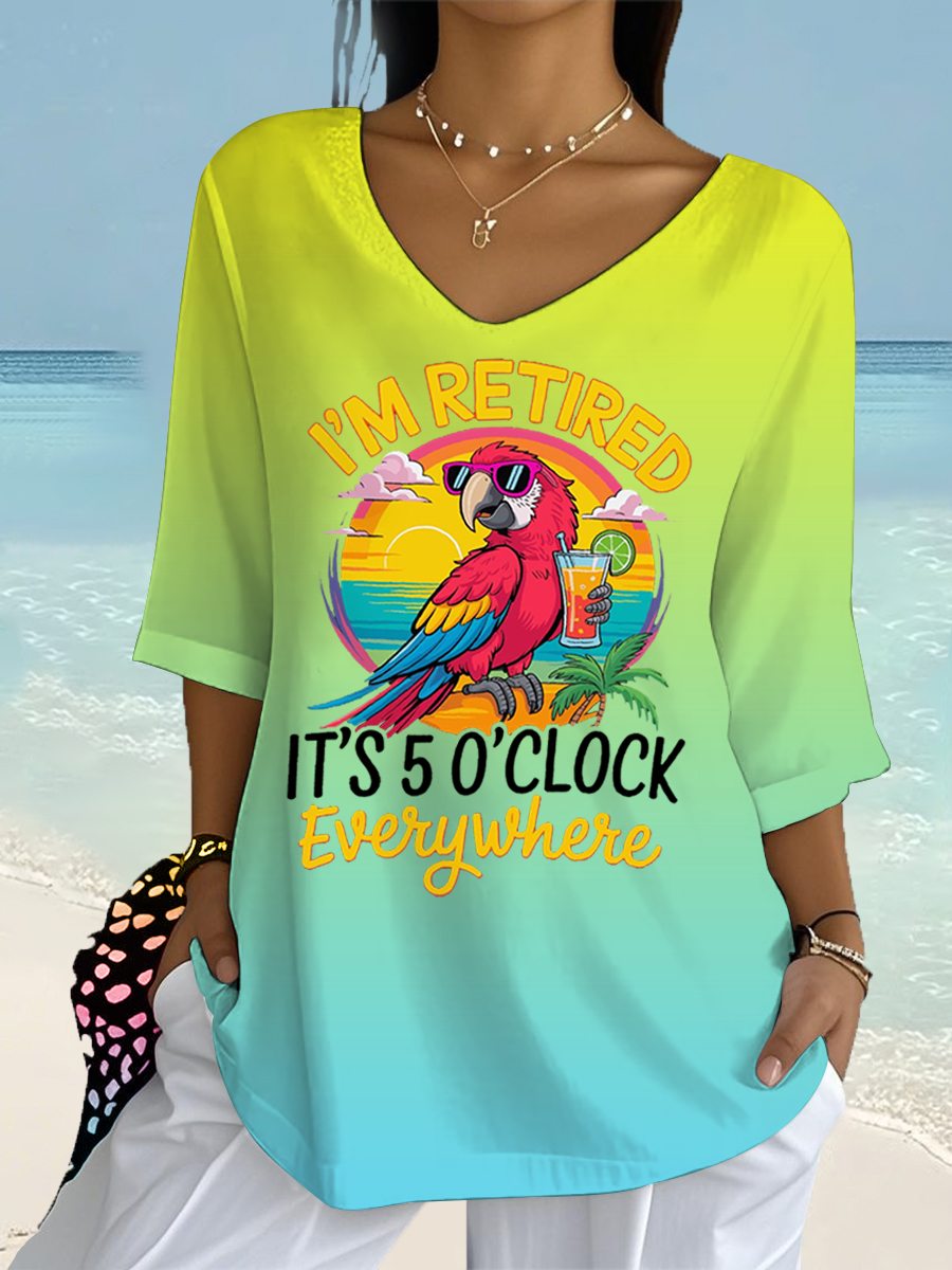 Women's I'm Retired It's 5 O'clock Everywhere Parrot Print Casual Half-Sleeve Top