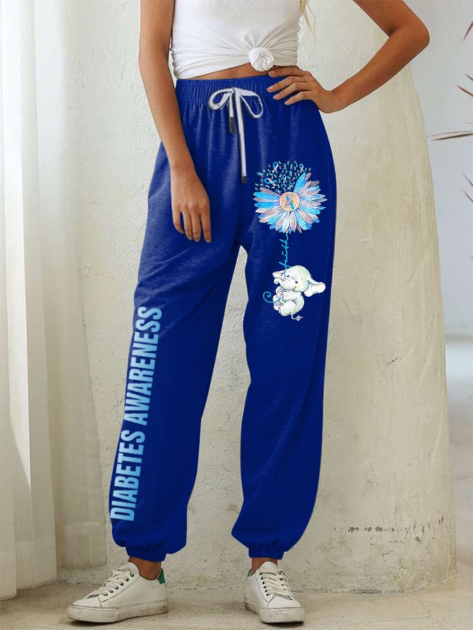 Women's Diabetes Awareness Elephant Daisy Ribbon Print Sweatpants