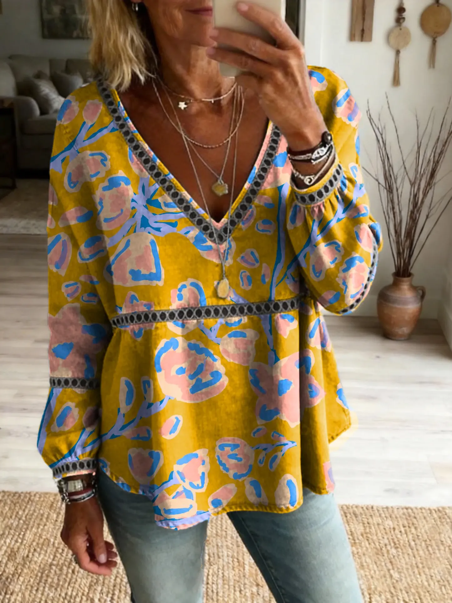 Women's Vintage Floral Art Print Casual Cutout Top