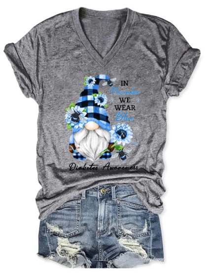 V-neck Diabetes Awarenes In November We Wear Blue Gnome Sunflower Print T-Shirt