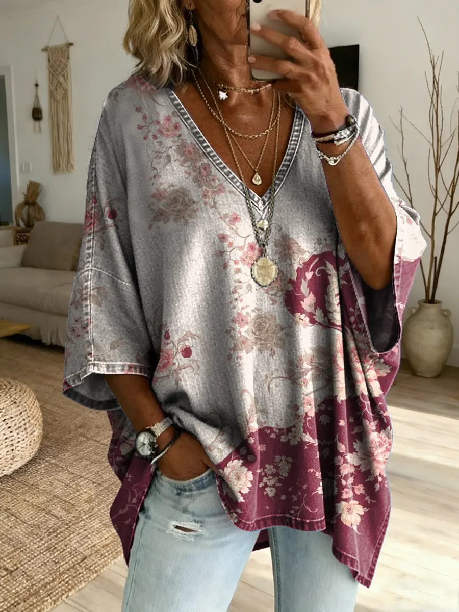 Ethnicity Geometry Flowers Women's Art Print Casual Washed Cotton Denim Top