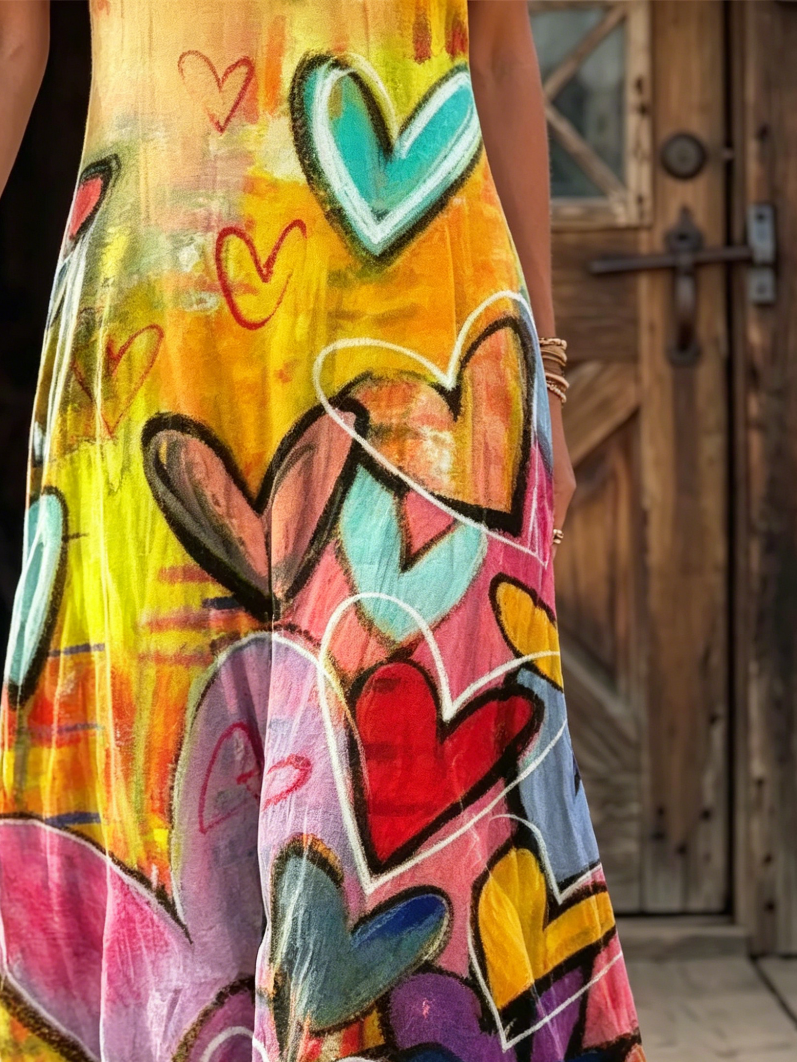 Retro Ethnicity Colorful Love Women's Art Print Casual V-collar Short Sleeve Cotton Dress