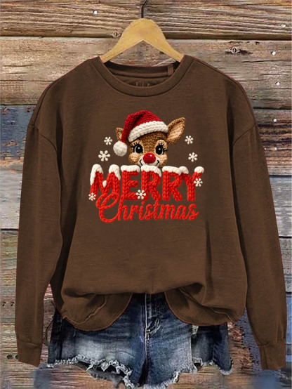 Women's Merry Christmas And Elk Knitting Crochet Pattern Neck Sweatshirt