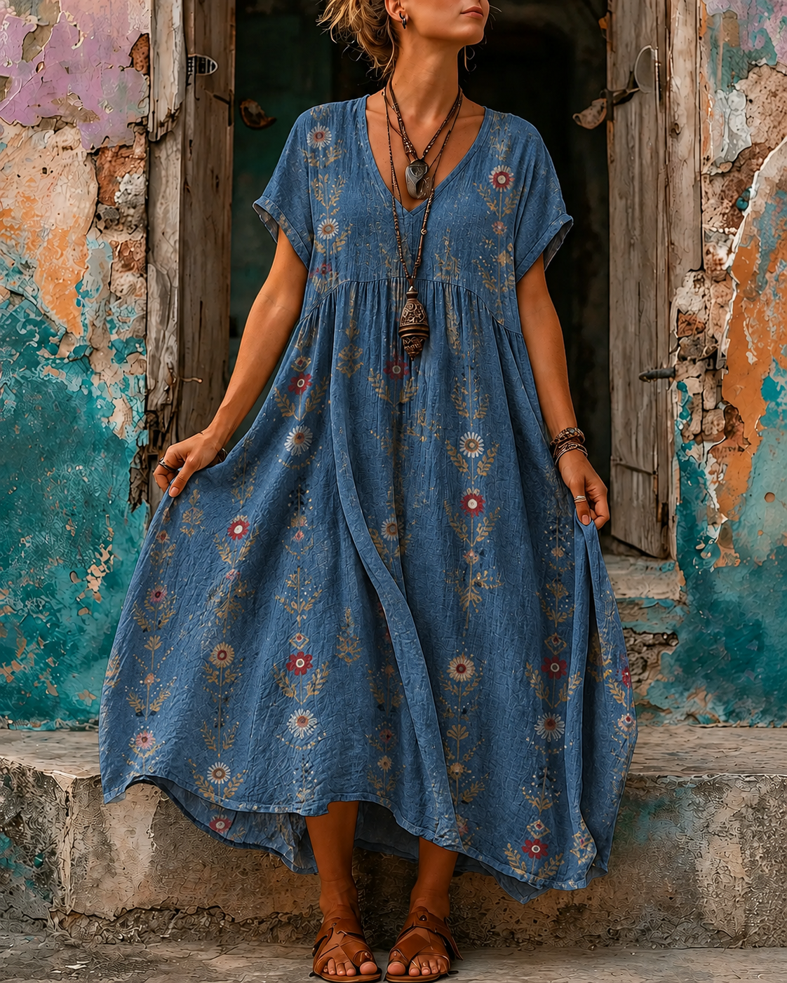 Women's Vacation Linen Boho Floral Print V-Neck Short Sleeve Maxi Dress