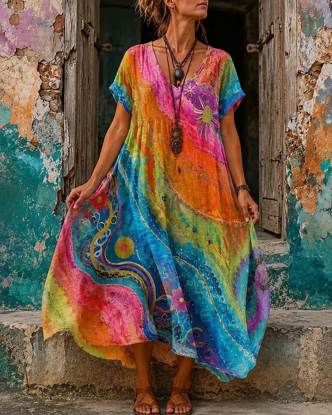 Women's Vacation Linen Boho Floral Print V-Neck Short Sleeve Maxi Dress