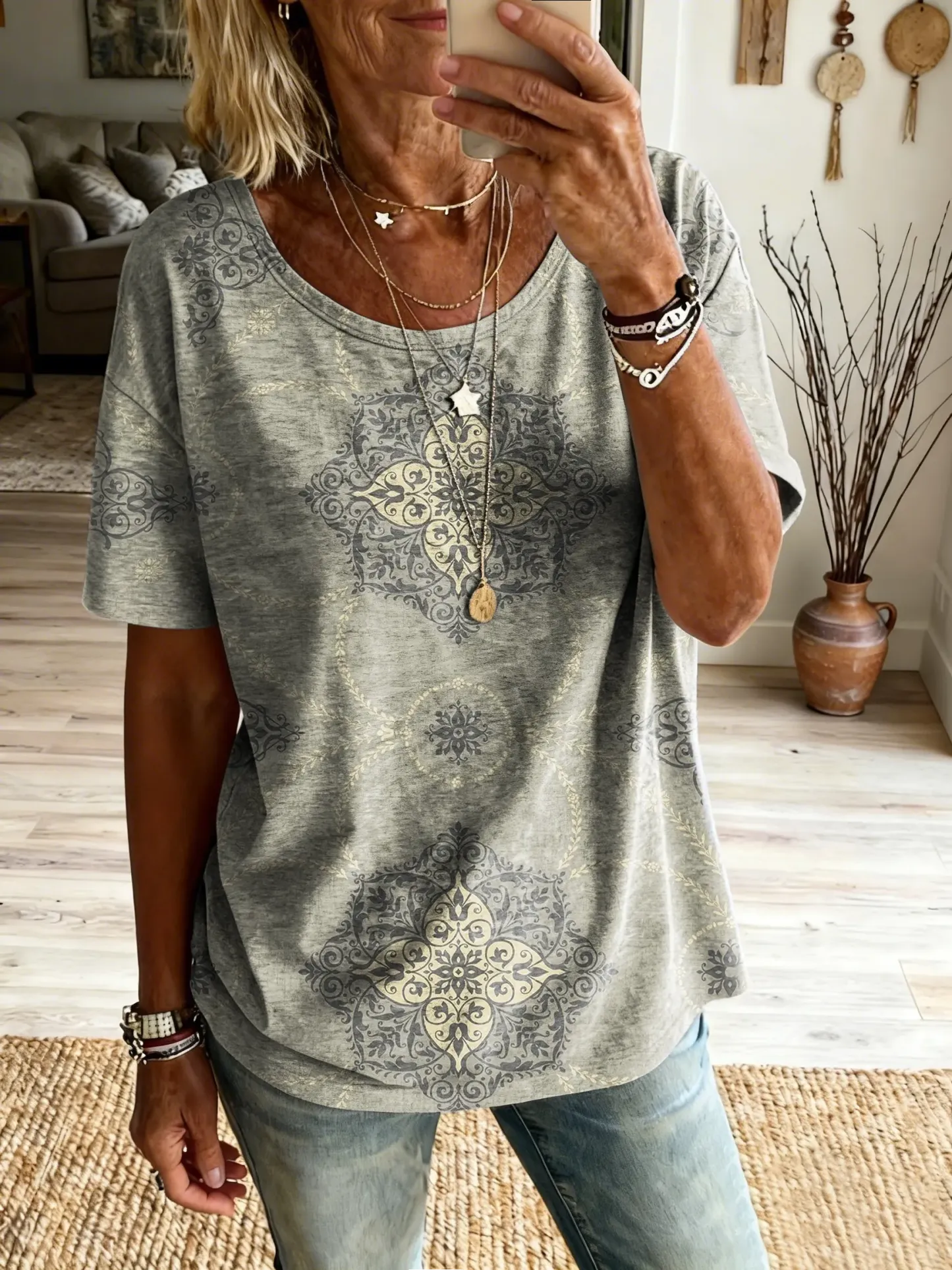 Women's Bohemian Totem Art Print Pure Cotton Crew Neck Short-Sleeve Casual T-Shirt