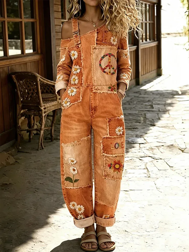 Women's Retro Floral Color-Blocked Art Print Washed Cotton Denim Patchwork Jumpsuit