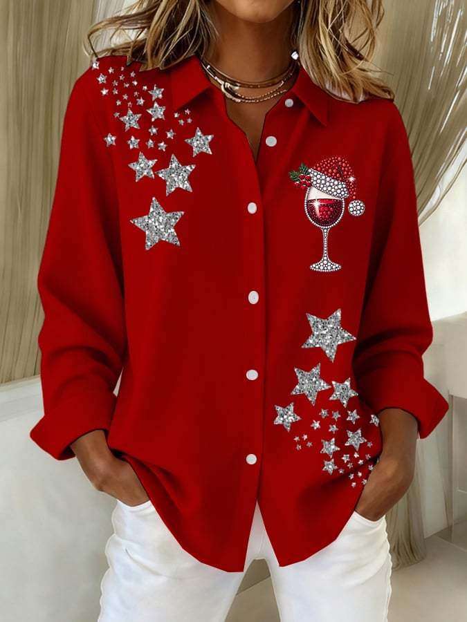 Women's Christmas Red Wine Glass Print Shirt