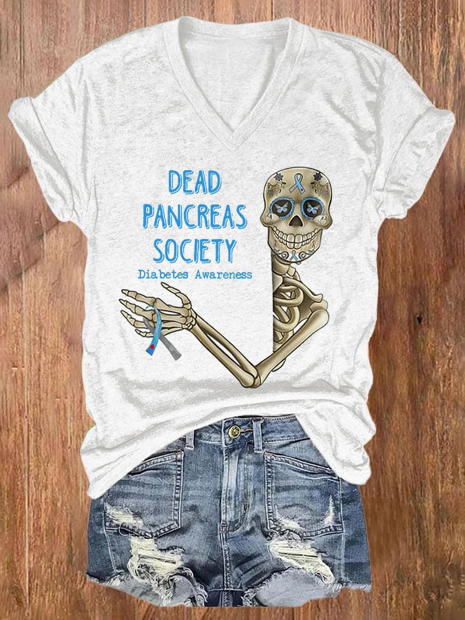 V-neck Diabetes Awareness Dead Pancreas Society Print T-Shirt