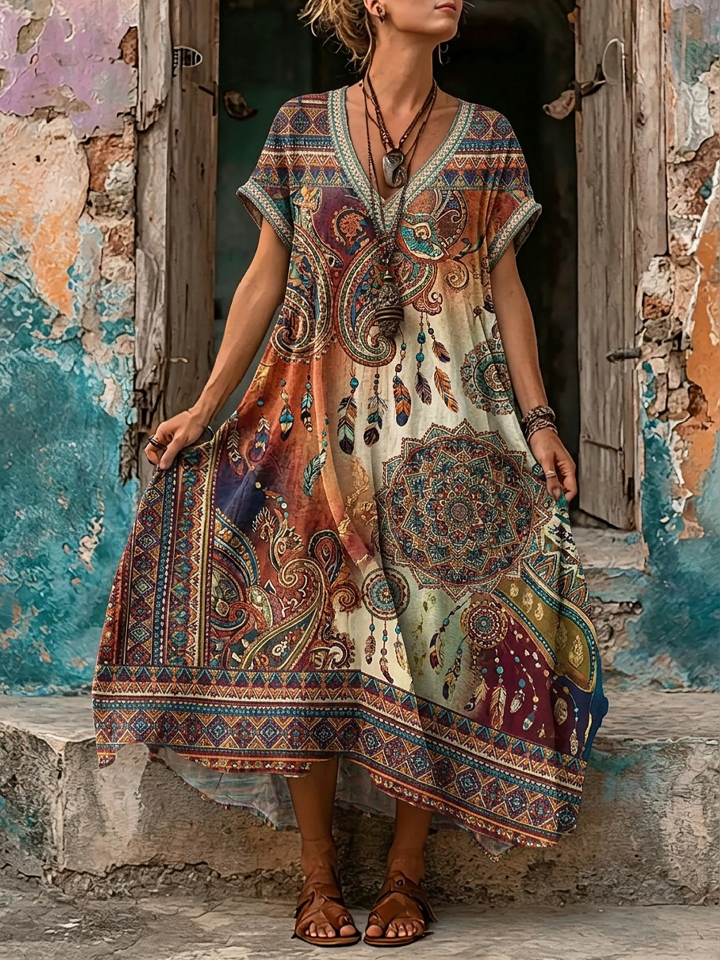 Women's Retro Bohemia Floral Print V-Neck Short Sleeve Maxi Dress