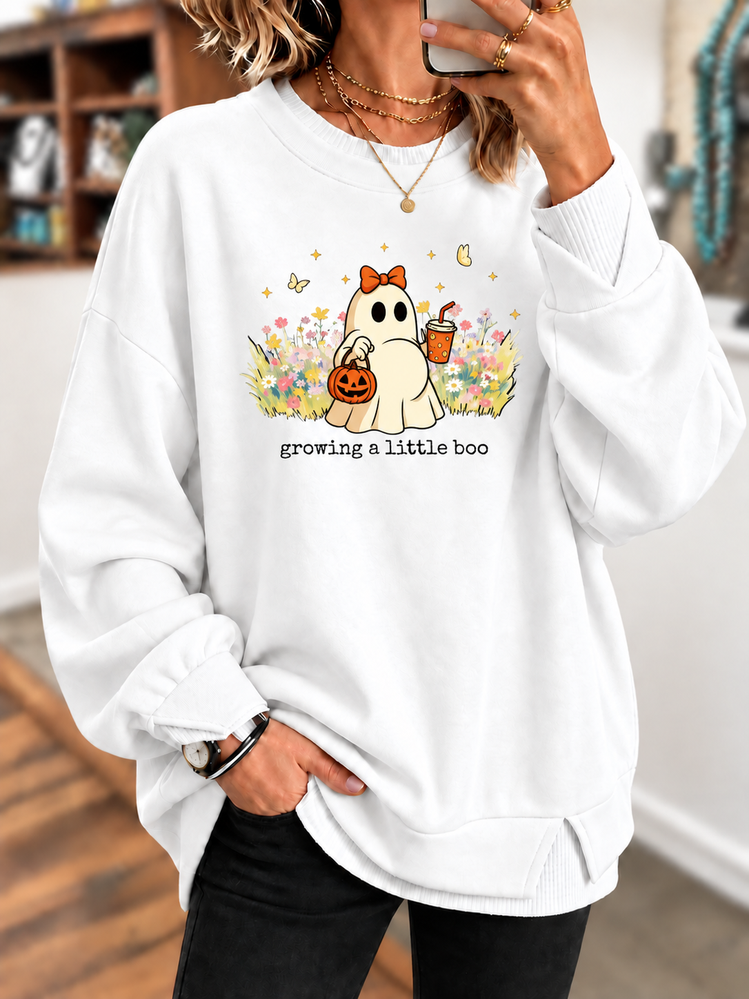 Growing a Little Boo Halloween Pregnancy Printed Sweatshirt