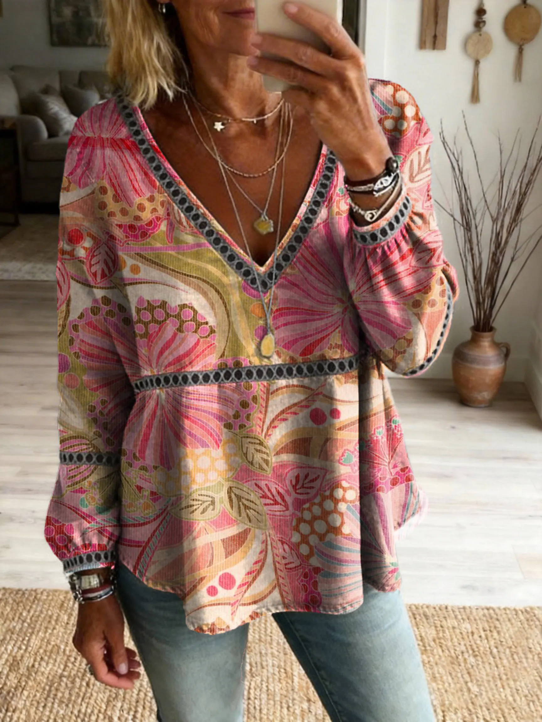 Women's Retro Bohemian Oil Painting Floral Art Print Casual Cutout Top