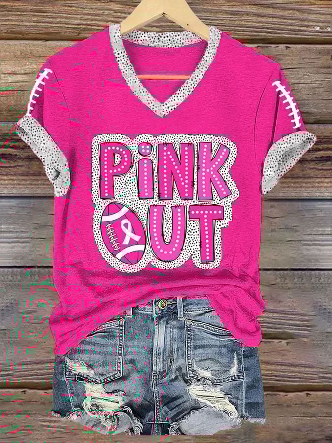 ❤️PINK OUT❤️Women's Pink Out Football Breast Cancer Print T-Shirt