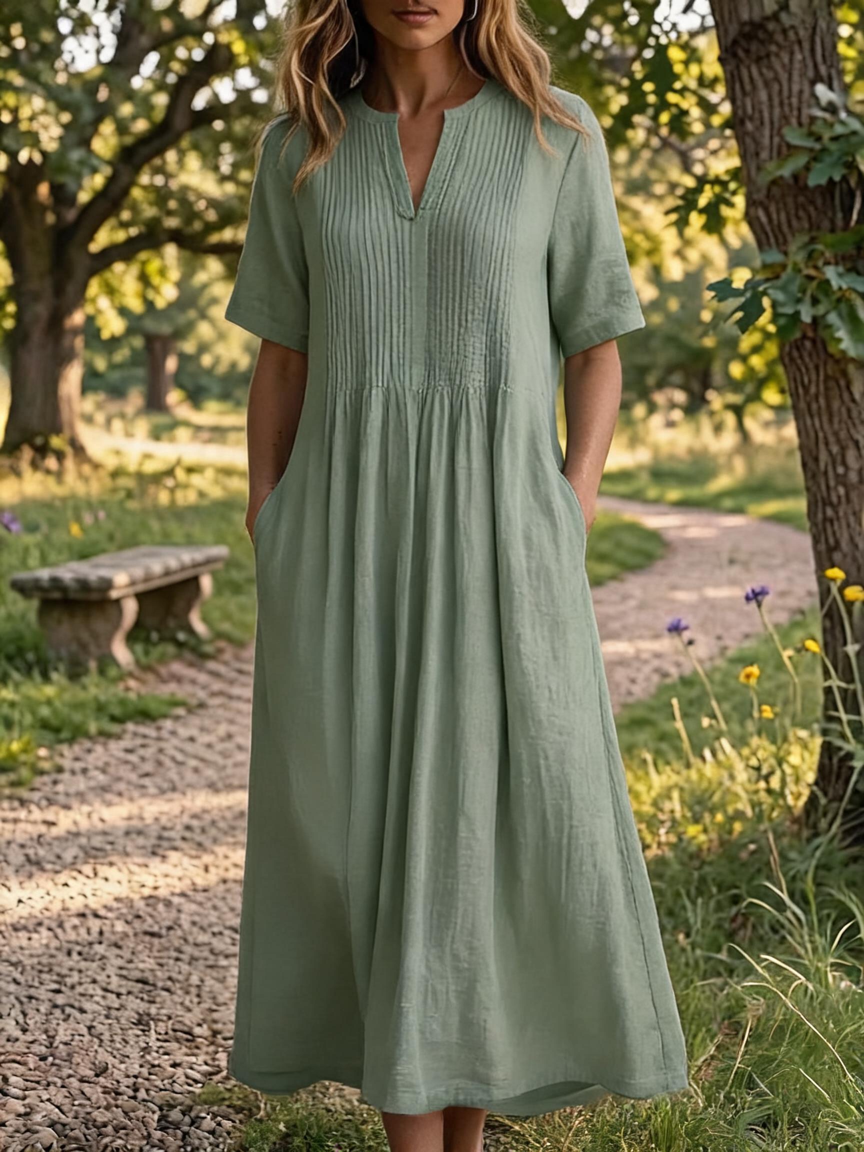 Women'S V-Neck Short-Sleeved Pleated Cotton-Linen Dress