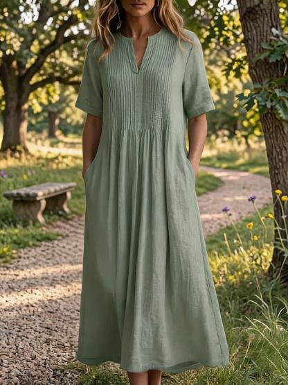 Women'S V-Neck Short-Sleeved Pleated Cotton-Linen Dress