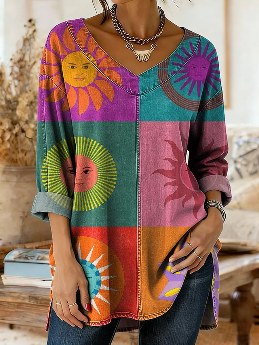 Women's Colorful Hippie Sun Face Art Print Casual Washed Denim Cotton Top