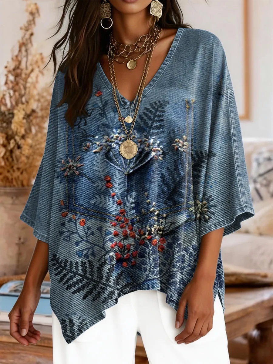 Women's Retro Floral Art Print Casual V-neck Top