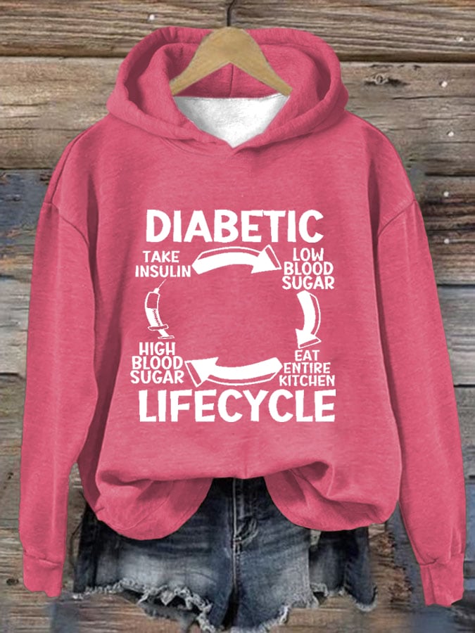 Women's Diabetic Life Cycle Diabetes Support Awareness Print Hoodie Long Sleeve Sweatshirt