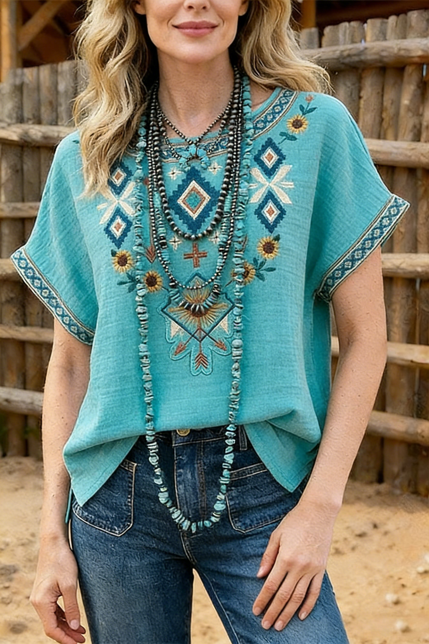 Women's Floral Print V-Neck Linen T-Shirt