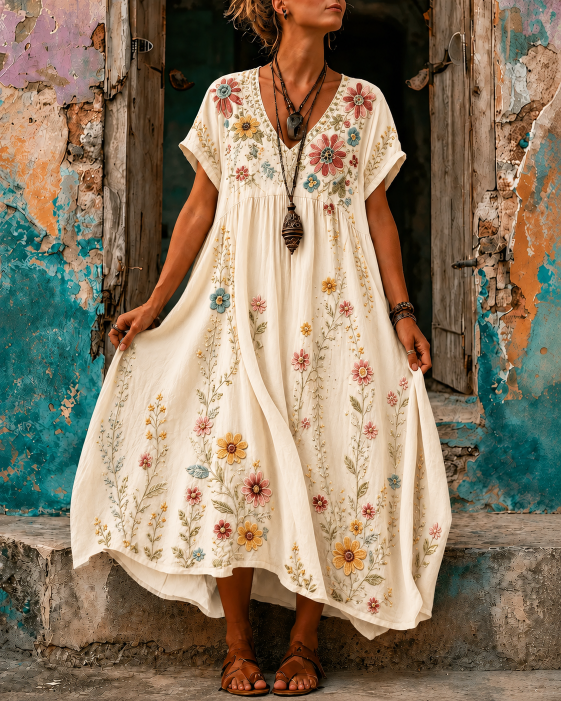 Women's Vacation Linen Boho Floral Embroidery V-Neck Short Sleeve Maxi Dress