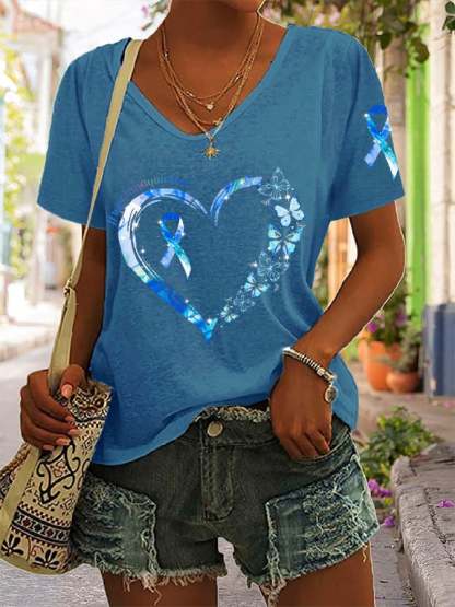 Women's Diabetes Awareness Blue Ribbon Supports Warriors Print Casual T-Shirt