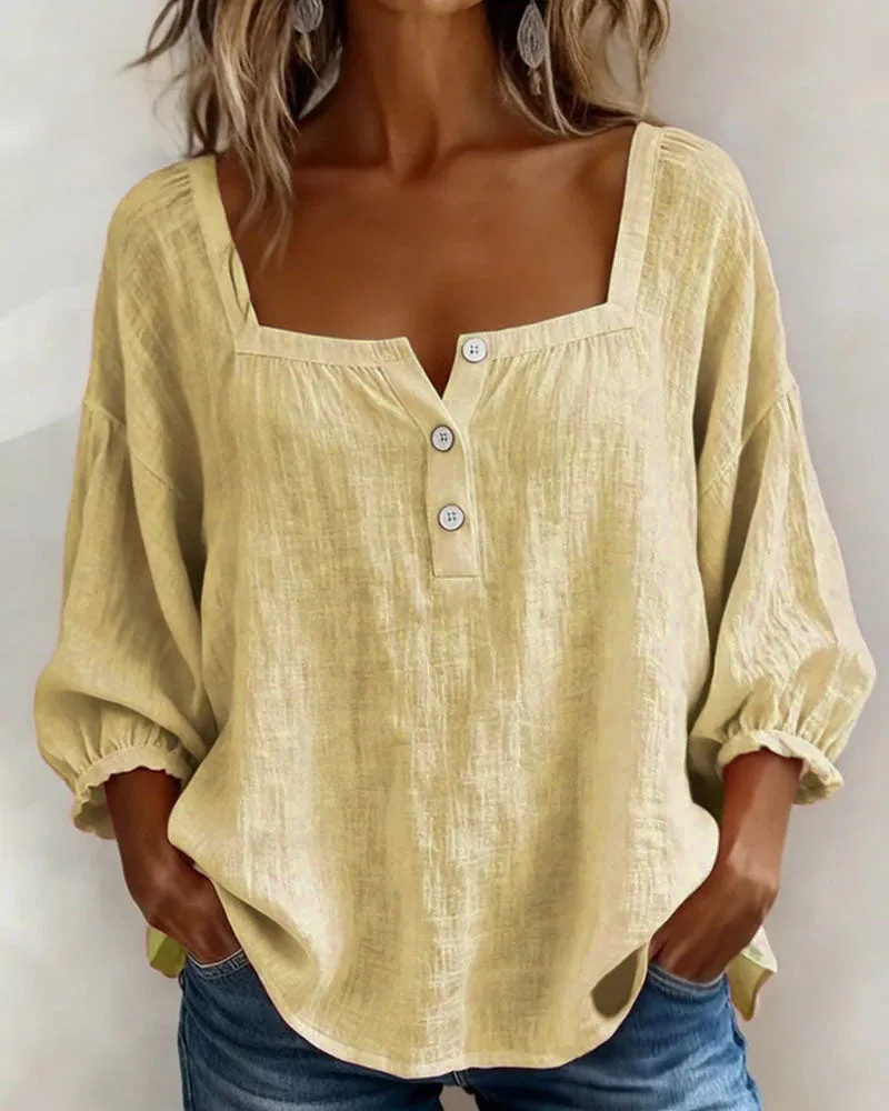 Pink Square-Neck Half-Button Shirt