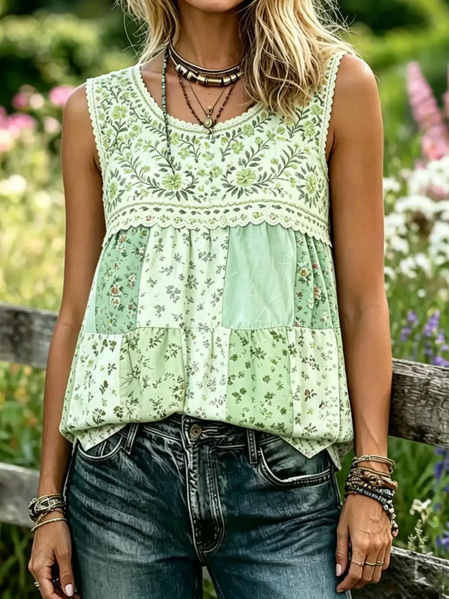 Women's Patchwork Floral Print Lace Trim Sleeveless Tank Top