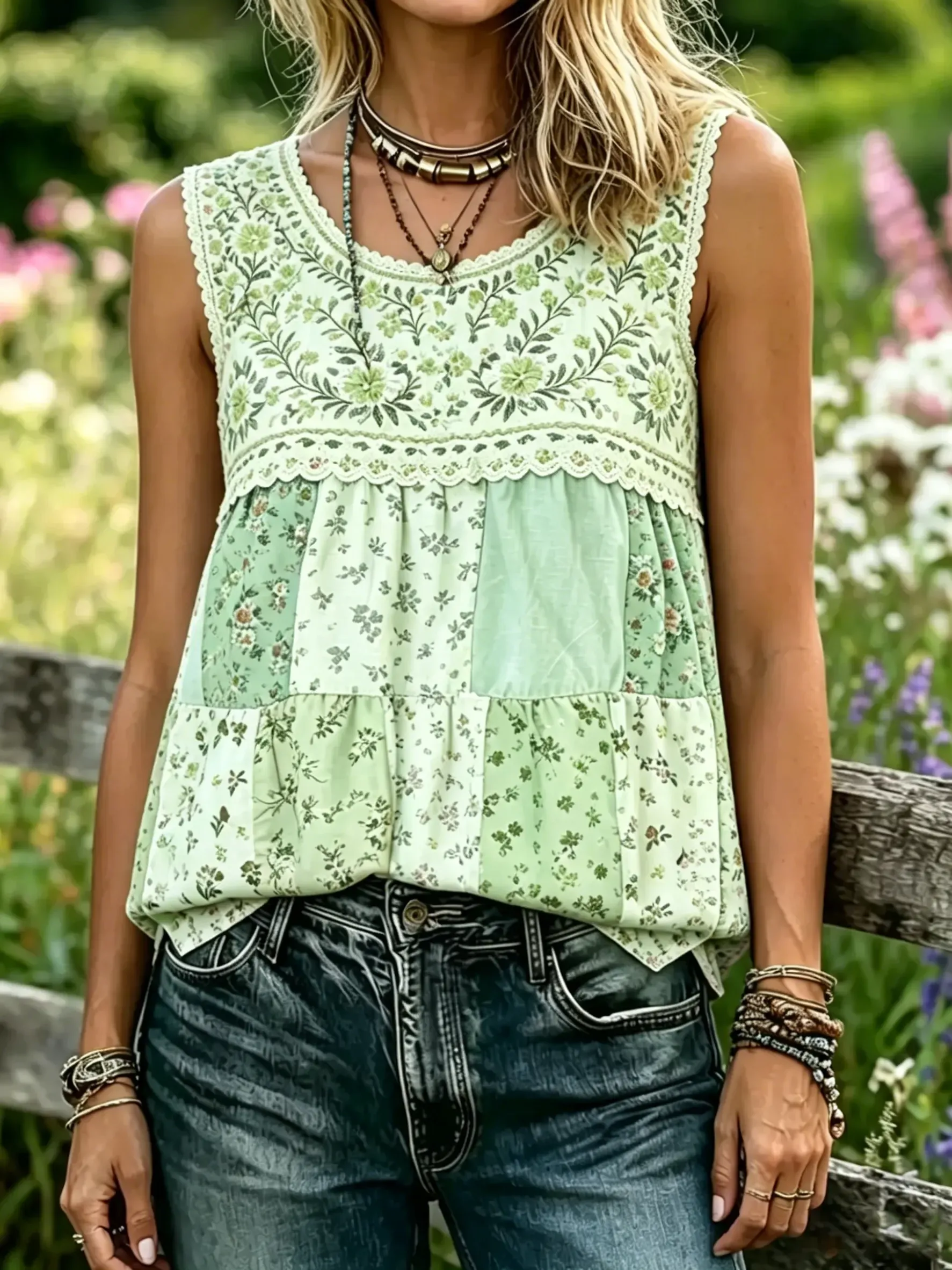 Women's Patchwork Floral Print Lace Trim Sleeveless Tank Top