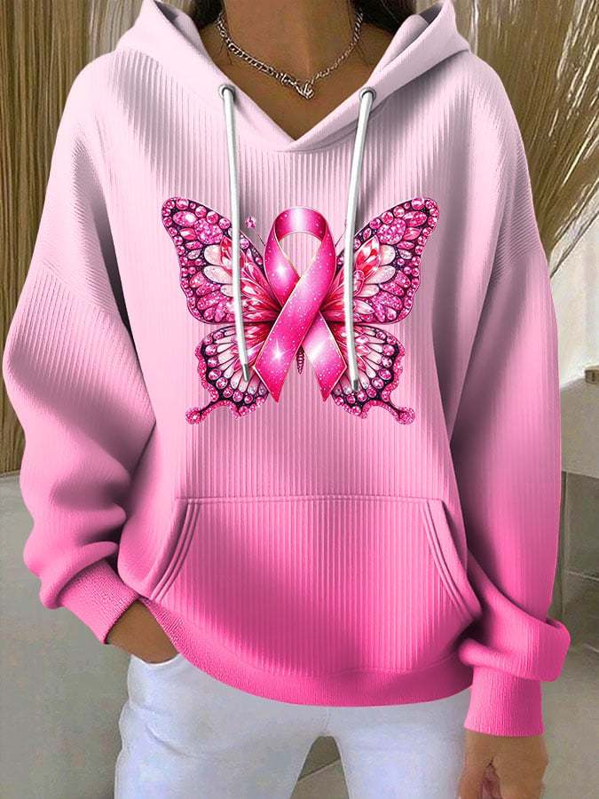 Women's Breast Cancer Ribbon Butterfly Print Casual Hoodie