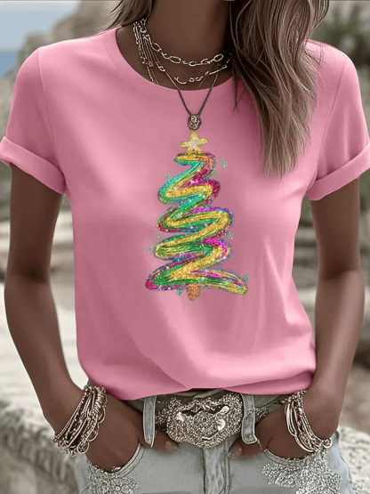 Christmas Tree Pattern  Round-Neck 100% Cotton 180g T-Shirt