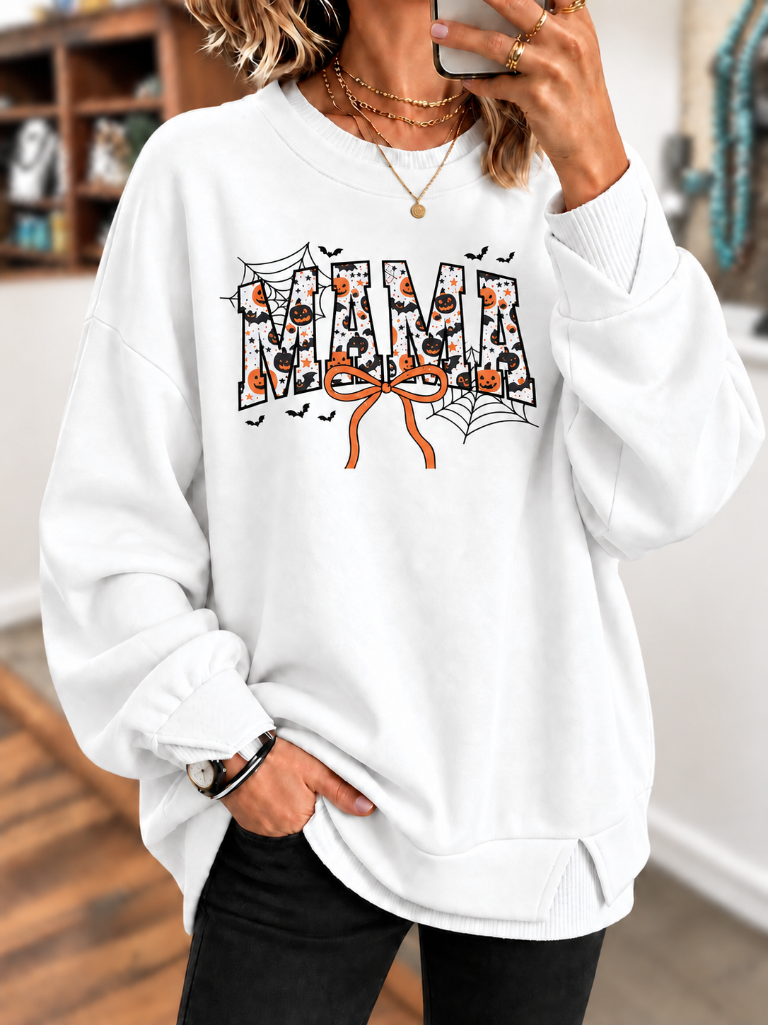 Halloween Mama Graphic T-Shirt – Pumpkin, Bat and Spiderweb Bow Printed Sweatshirt
