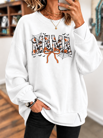 Halloween Mama Graphic T-Shirt – Pumpkin, Bat and Spiderweb Bow Printed Sweatshirt
